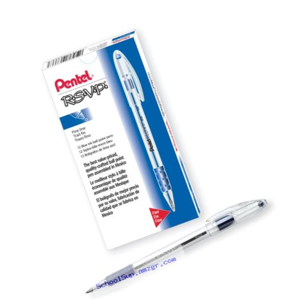 Pentel R.S.V.P. Ballpoint Pen, 0.7mm Fine Tip, Blue Ink, Box of 12 (BK90-C)
