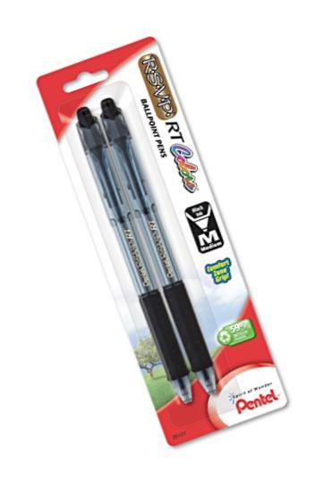 Pentel RSVP RT Colors Retractable Ball Point Pen, Med Line, Black Barrel, 2 Pack (BK93CRBP2A)