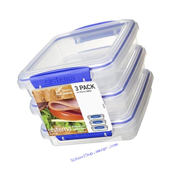 Sistema Klip It Collection Sandwich Box Food Storage Container, 15.2 Ounce/1.9 Cup each, Set of 3