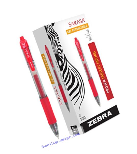 Zebra Sarasa Retractable Gel Ink Pens, Fine Point 0.5mm, Red, Rapid Dry Ink, 12-Count