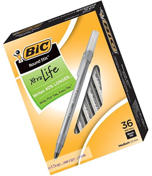 BIC Round Stic Xtra Life Ball Pen, Medium Point (1.0 mm), Black, 36-Count