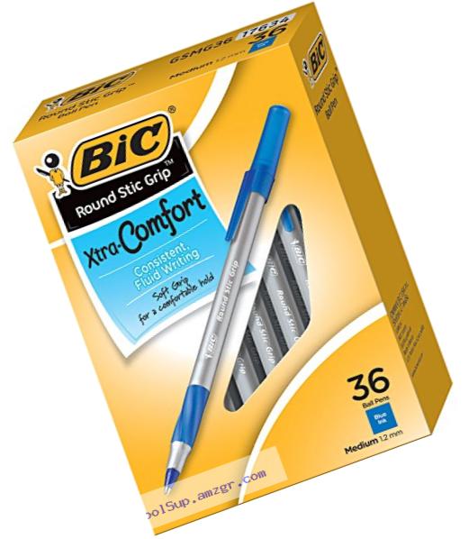 BIC Round Stic Grip Xtra Comfort Ball Pen, Medium Point (1.2 mm), Blue, 36-Count