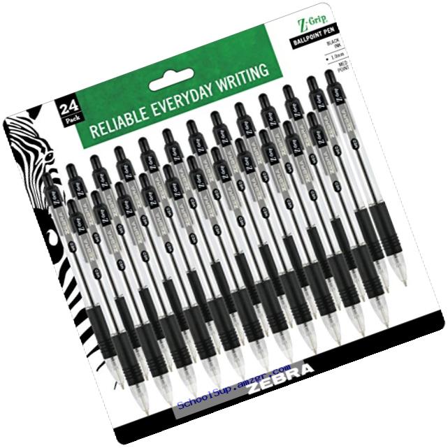 Zebra Z-Grip Retractable Ballpoint Pen, Medium Point 1.0mm, Black Ink, Clear Barrel, 24-Count